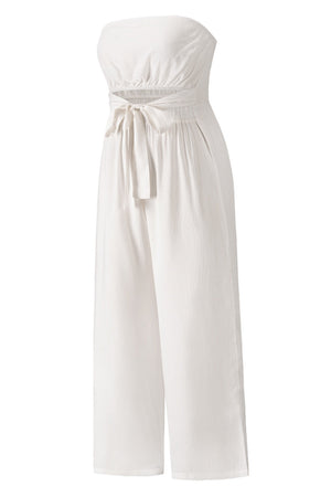 White bandeau tie-waist wide-leg jumpsuit with a cutout detail.