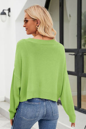 Yellow-green textured stitch cropped V-neck cardigan with button detail