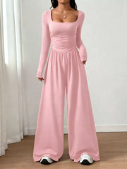 Ruched Square Neck Wide-leg Jumpsuit in Brown, view 20
