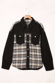 Plaid panel denim shirt jacket in black with plaid front and sleeves, button-up closure, and chest pockets.