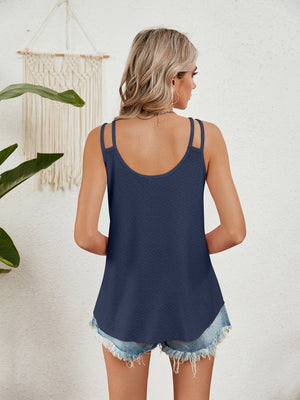 Dark blue eyelet overlay tank top with double straps and V-neck detail.