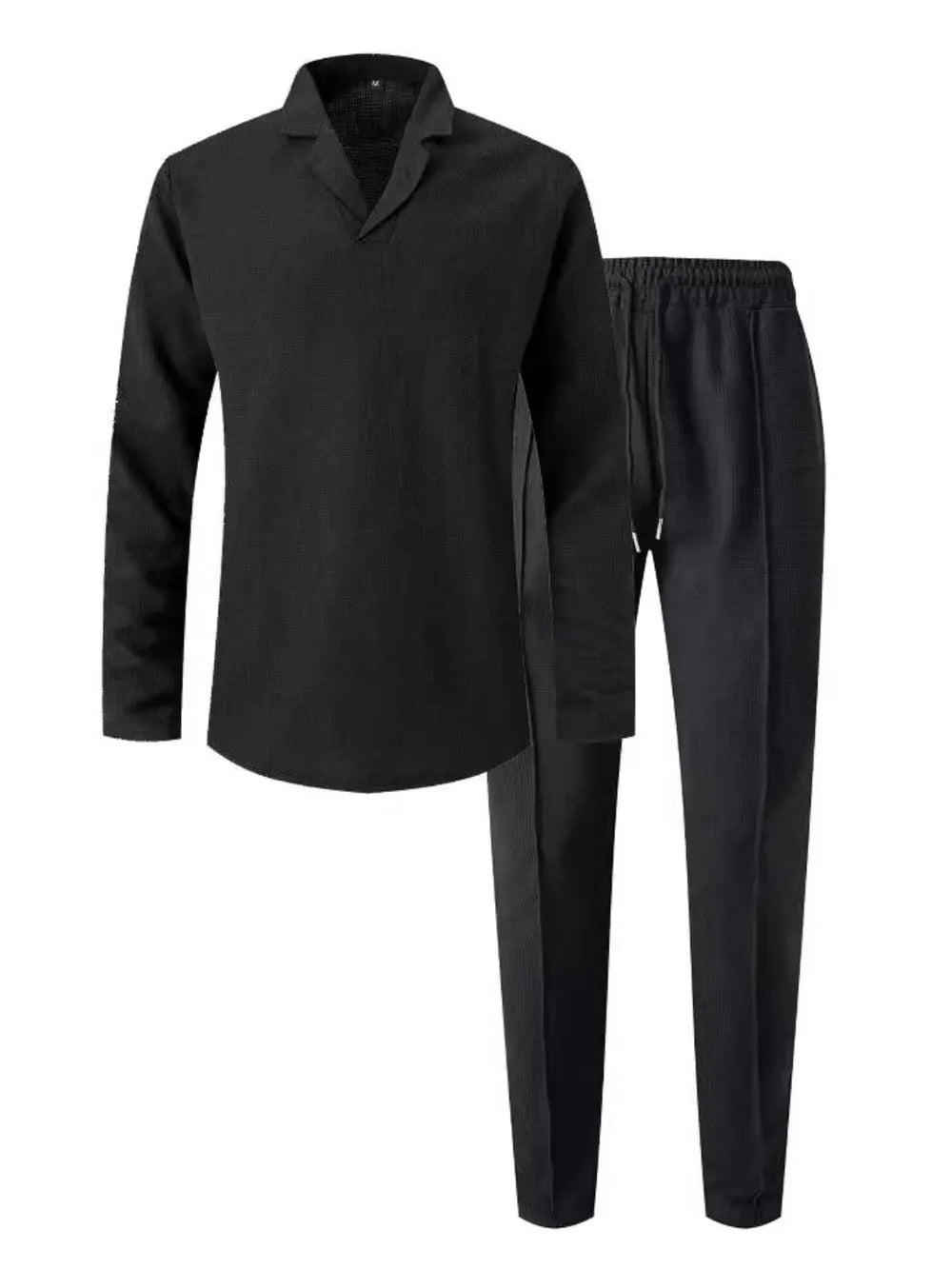 Black textured collar lounge set with long sleeves and drawstring pants.