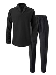 Black textured collar lounge set with long sleeves and drawstring pants.