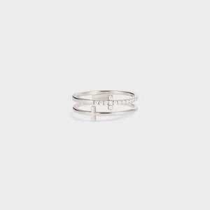 Double cross diamond band ring in silver with two stacked bands and diamond accents.