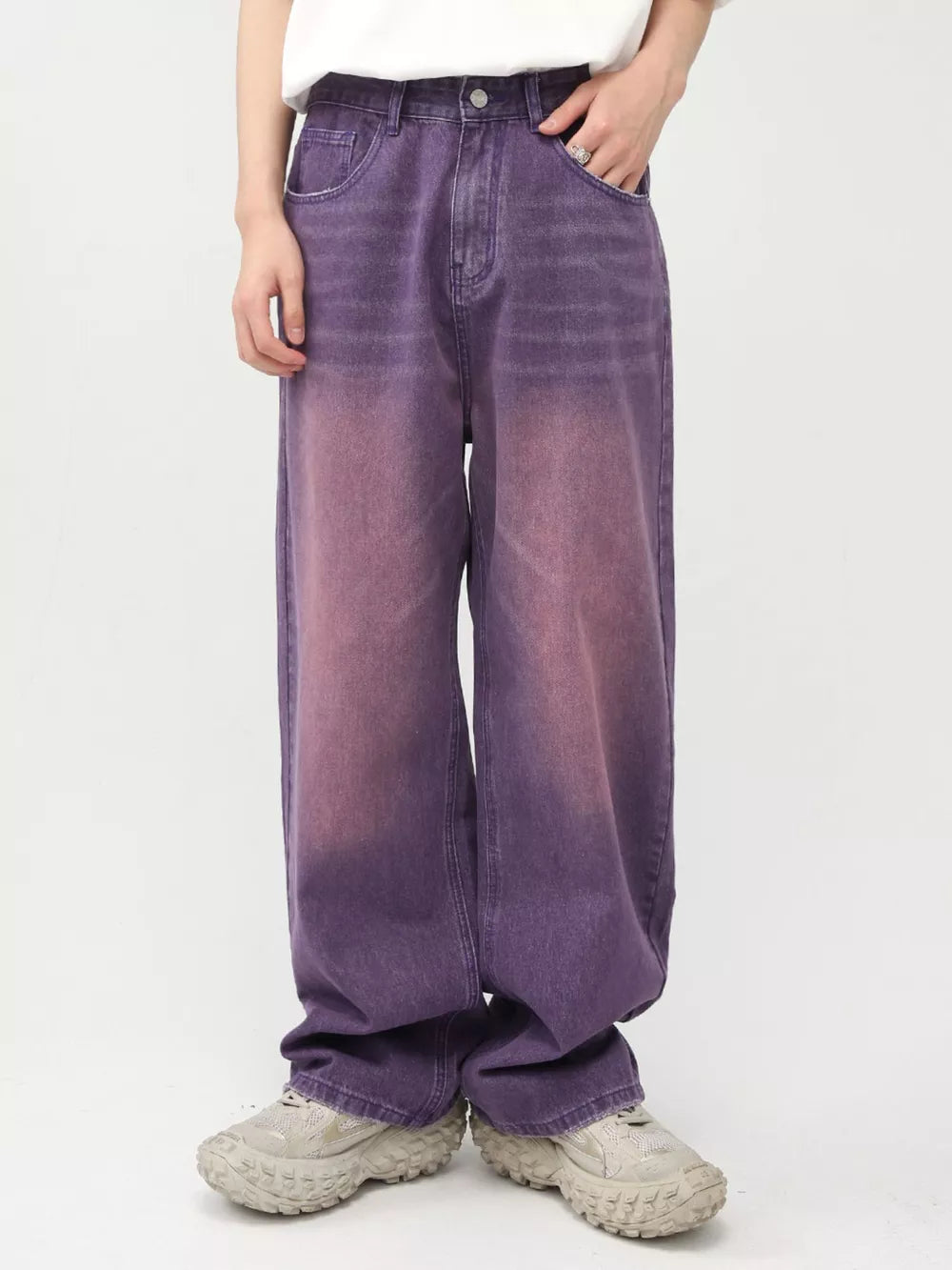 Men's wide-leg jeans in mauve gradient wash cotton denim.