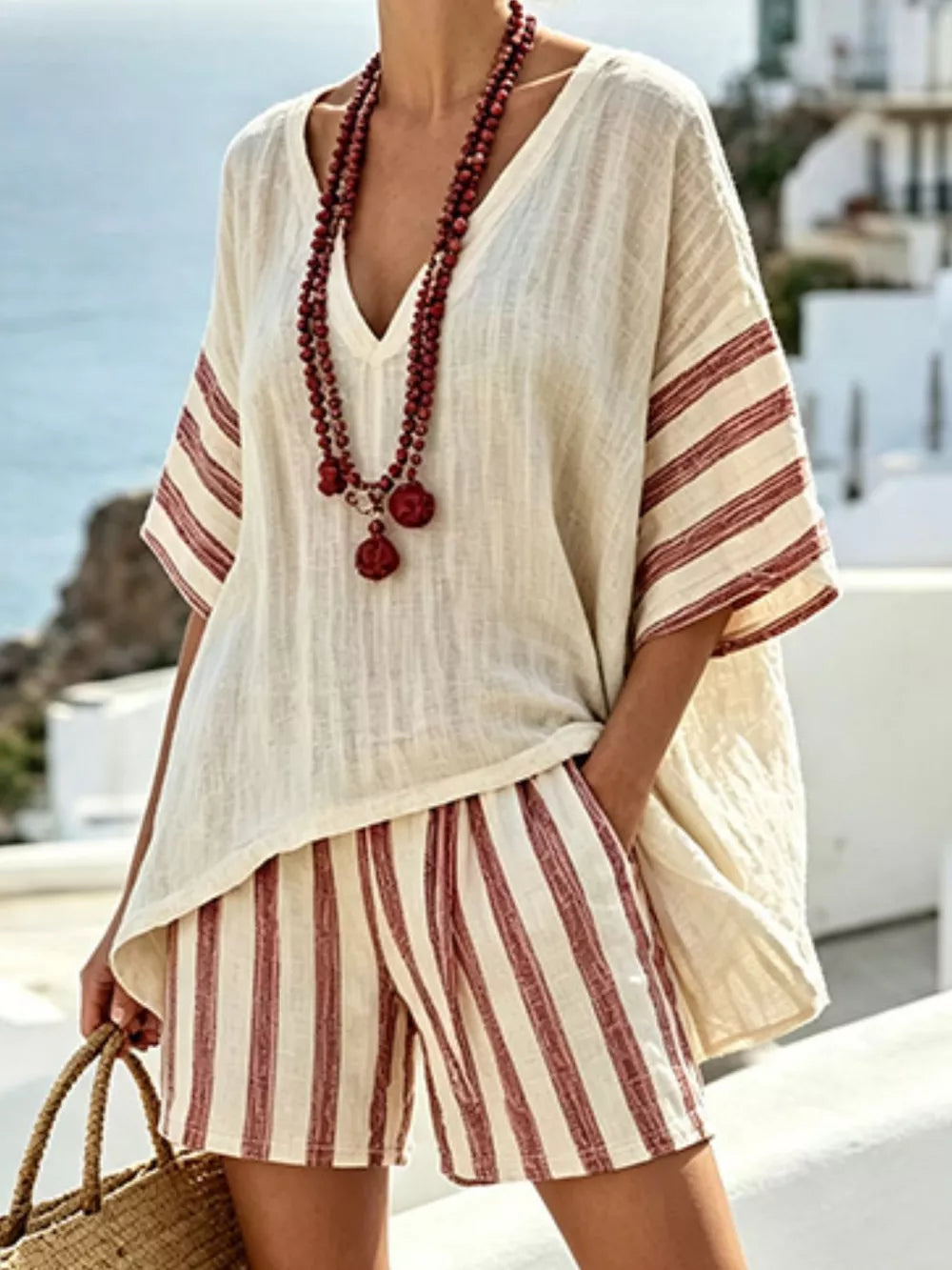 Full Size Striped 3/4 Sleeve Top And Shorts Set in Beige, side view