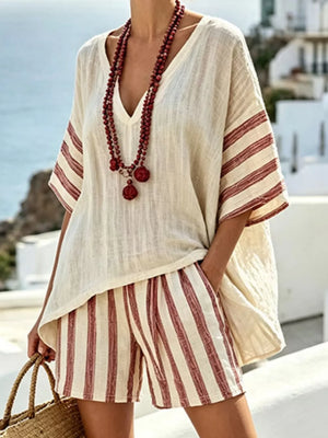 Full Size Striped 3/4 Sleeve Top And Shorts Set in Beige, side view