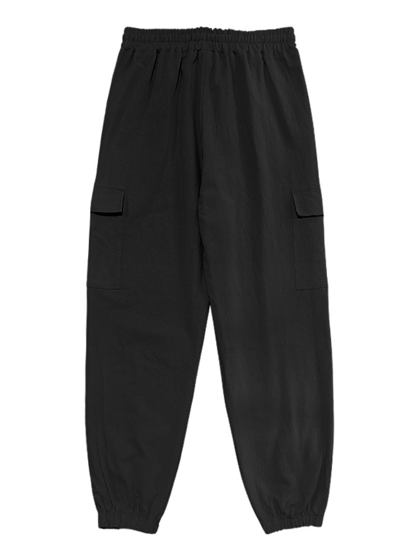 Black cargo pants with elastic waistband, drawstring detail, and side pockets.