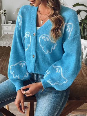 Cerulean ghost motif balloon sleeve cardigan with button front