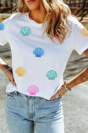 White polyester t-shirt with colorful sequin shell graphic print