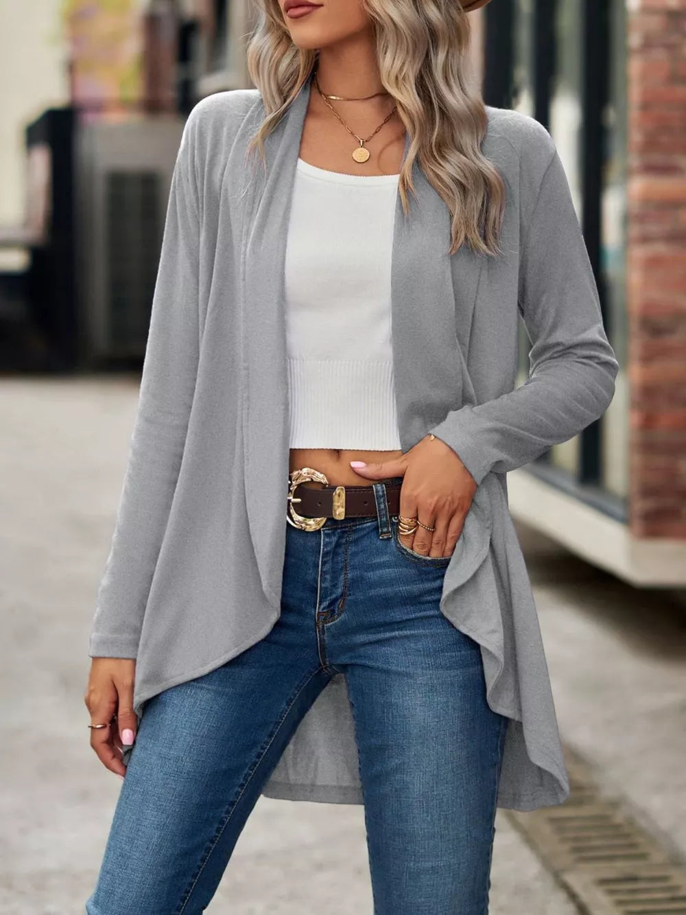 cardigan in purple with dropped shoulder and hip-length