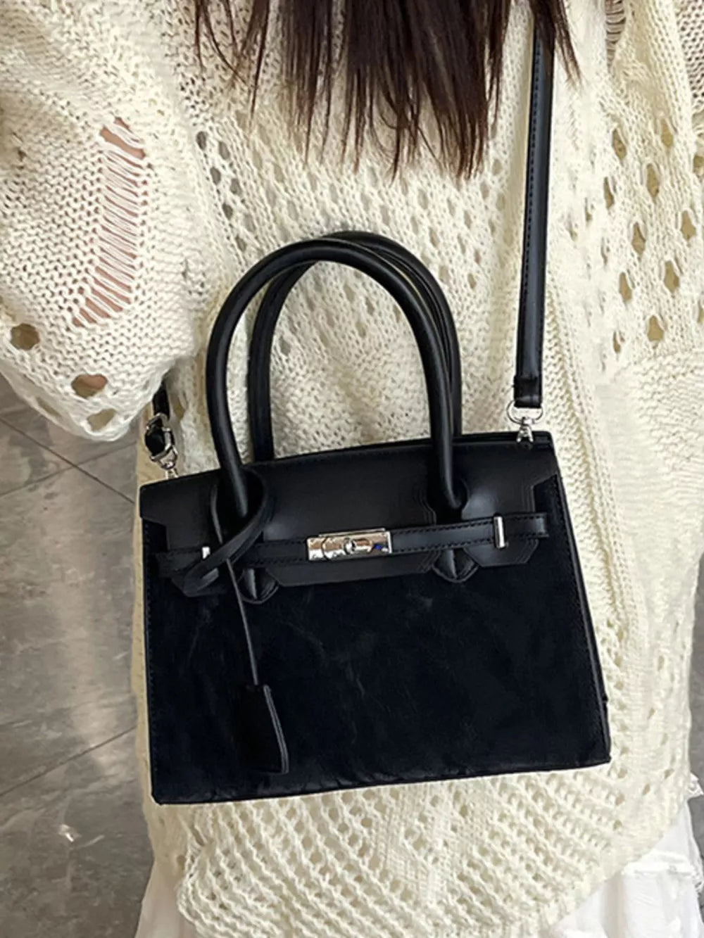 Textured Leather Top-handle Handbag in Black, model styling view
