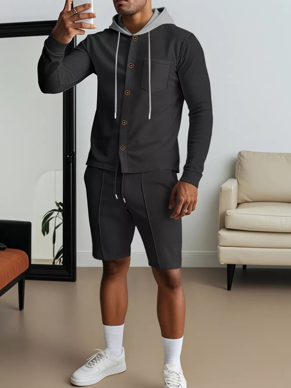 Men's Casual Hooded Button-up Shirt And Shorts Set, product detail