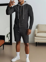 Men's Casual Hooded Button-up Shirt And Shorts Set, product detail