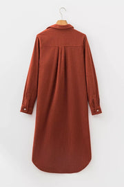 Long Sleeve Button Down Corduroy Midi Dress in Rust, fabric detail