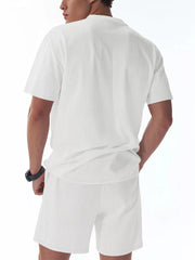 White striped relaxed fit two-piece set with crew neck t-shirt and shorts.