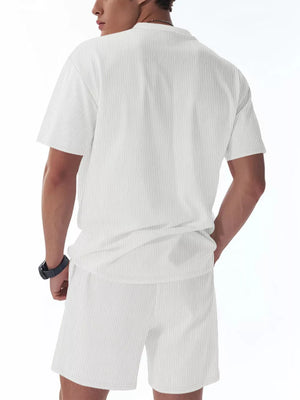White striped relaxed fit two-piece set with crew neck t-shirt and shorts.