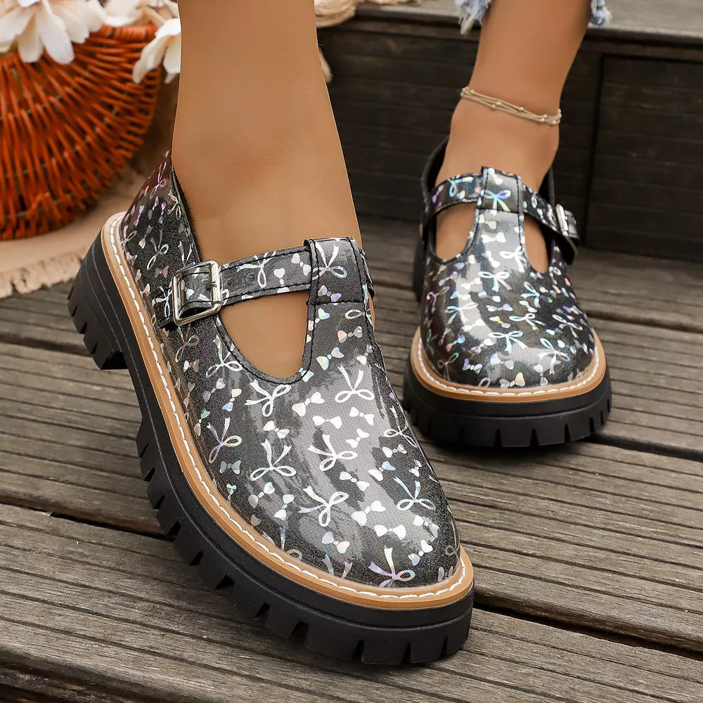 Round Toe Platform Loafers in White, close-up detail