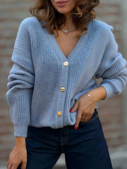 Full Size V-neck Button-up Knit Cardigan Plus Size in Deep Red, close-up detail