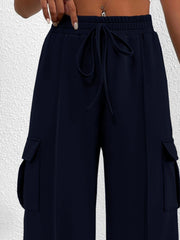 Navy high waist cargo sweatpants with drawstring and side pockets