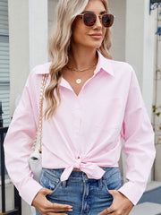 Relaxed fit blush pink pinstripe button-down shirt with a knot detail.
