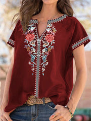 Burgundy floral embroidered notched v-neck short sleeve blouse with contrast trim