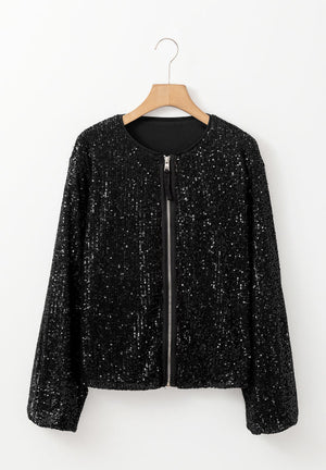 Black sequin bomber jacket with ribbed trim and silver zipper.