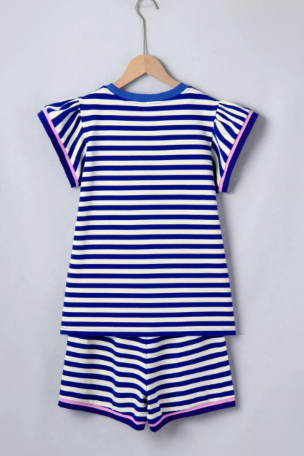 Blue and white striped two-piece set with ruffle sleeves and pink trim.