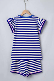 Blue and white striped two-piece set with ruffle sleeves and pink trim.
