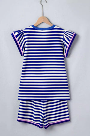 Blue and white striped two-piece set with ruffle sleeves and pink trim.