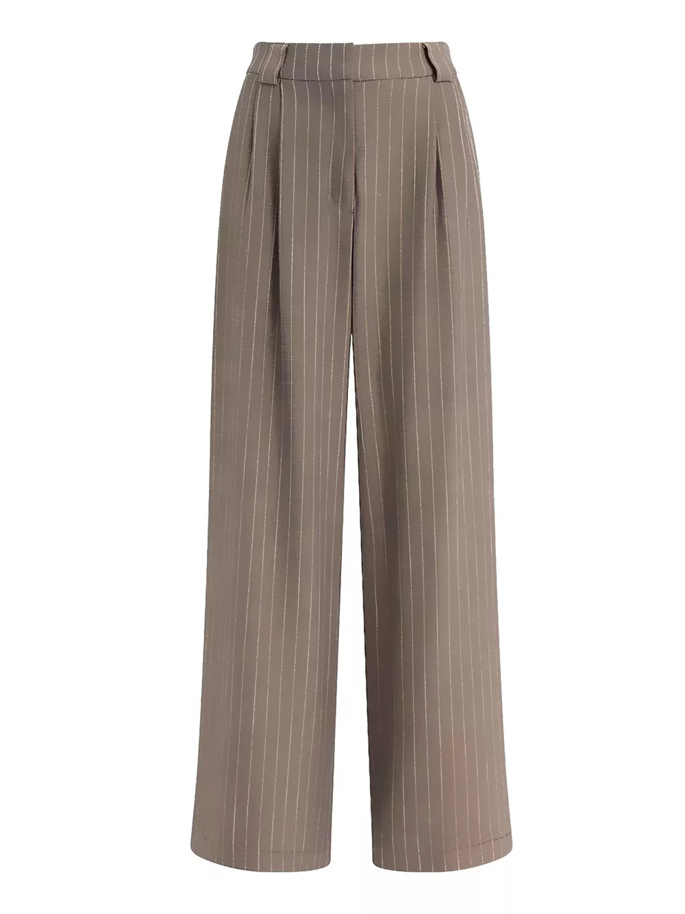 Elegant high-waisted beige pinstripe maternity trousers with wide legs.