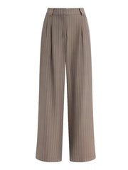Elegant high-waisted beige pinstripe maternity trousers with wide legs.