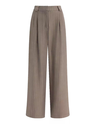Elegant high-waisted beige pinstripe maternity trousers with wide legs.