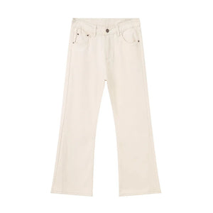 Wide-leg beige denim trousers with a classic five-pocket design.