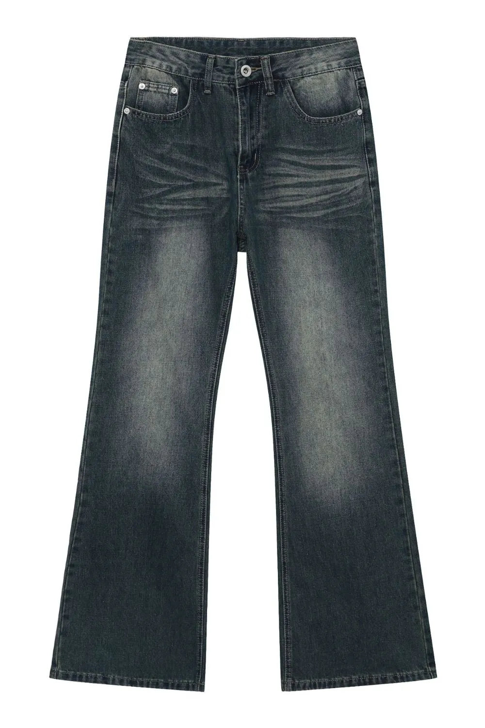 Faded flare jeans in dark vintage wash denim with a bootcut leg.