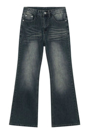 Faded flare jeans in dark vintage wash denim with a bootcut leg.