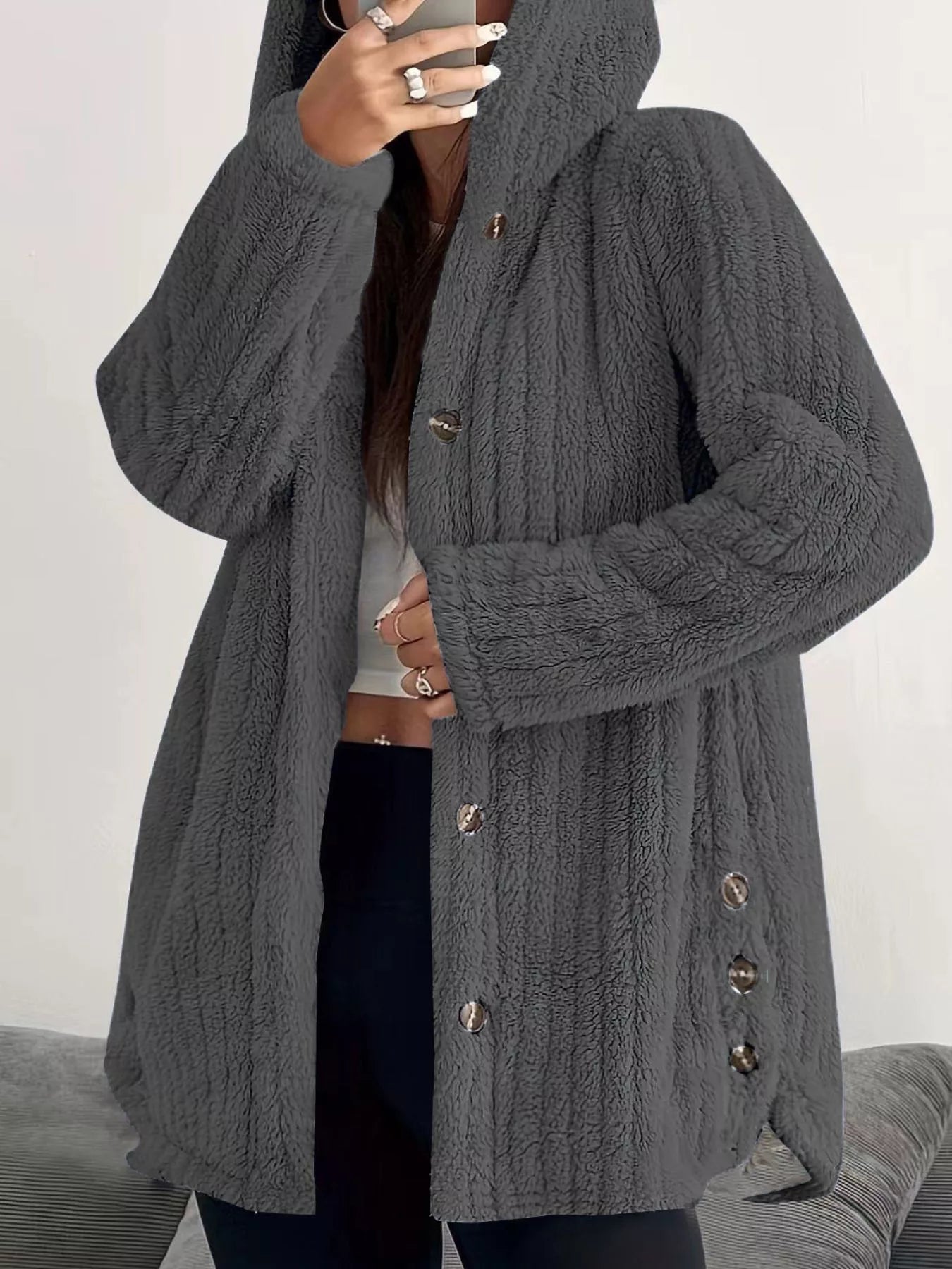 Dark Grey button-up fleece jacket with hood and textured fabric.