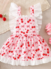 Baby dress with cherry print, bows, and ruffle trim.