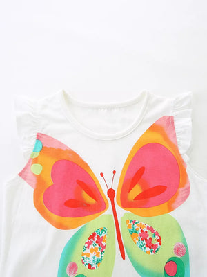 White cotton t-shirt with ruffled sleeves and a colorful butterfly graphic.