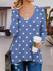 Blue star print v-neck long sleeve top with side zip detail