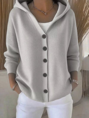 Gray hooded knit cardigan with button front, acrylic material, and a casual fit.