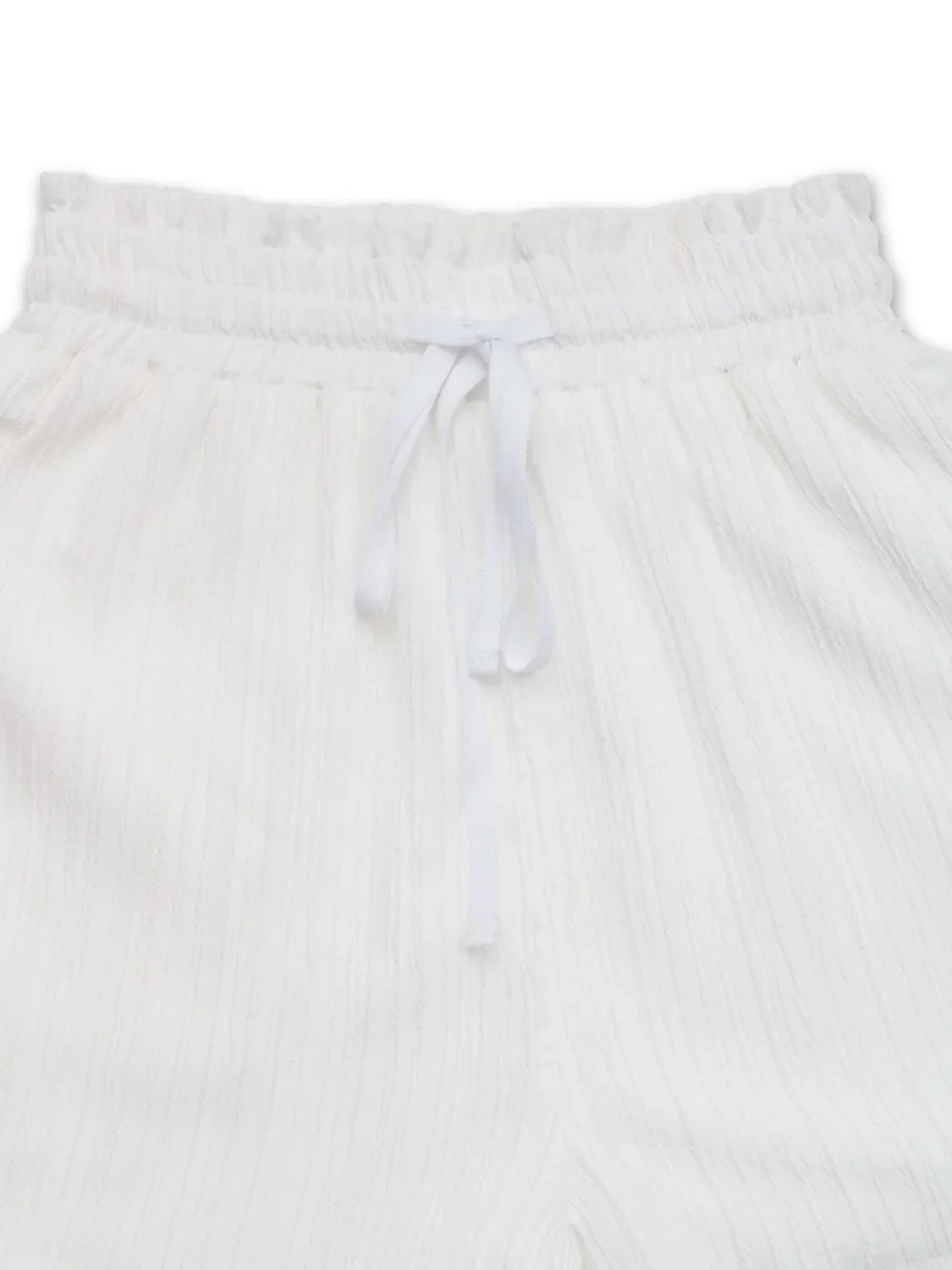 White textured shorts with elastic waistband and drawstring detail