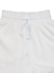 White textured shorts with elastic waistband and drawstring detail