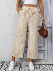 Drawstring wide leg pants in apricot stripe with pockets, cropped length.