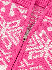Pink and white Fair Isle knit quarter zip sweater with a silver zipper detail.