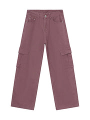 Oversized cargo denim trousers in Moonlit Mauve with utility pockets and a relaxed fit.