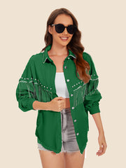 Dark Green denim trucker jacket with fringe and stud embellishments on sleeves and chest.