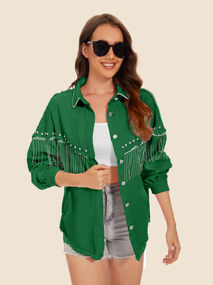 Dark Green denim trucker jacket with fringe and stud embellishments on sleeves and chest.