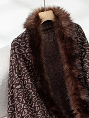 Brown leopard print acrylic cardigan with faux fur trim detail