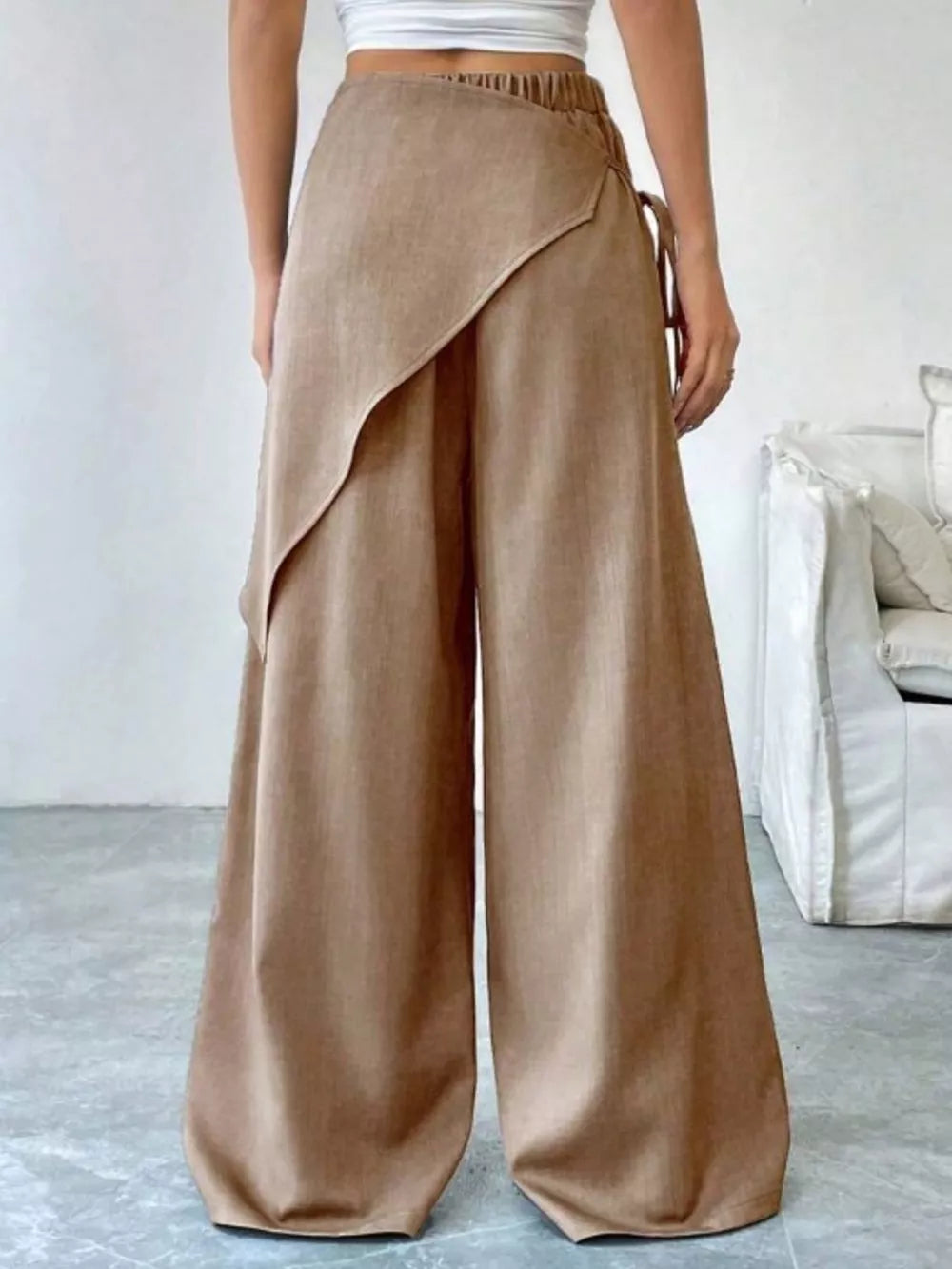 Khaki maternity wide-leg trousers with a high waist and wrap detail